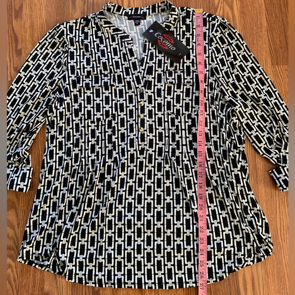 COCOMO XL Black White 3/4 sleeve women’s Pintuck Blouse tunic top shirt - Picture 11 of 15